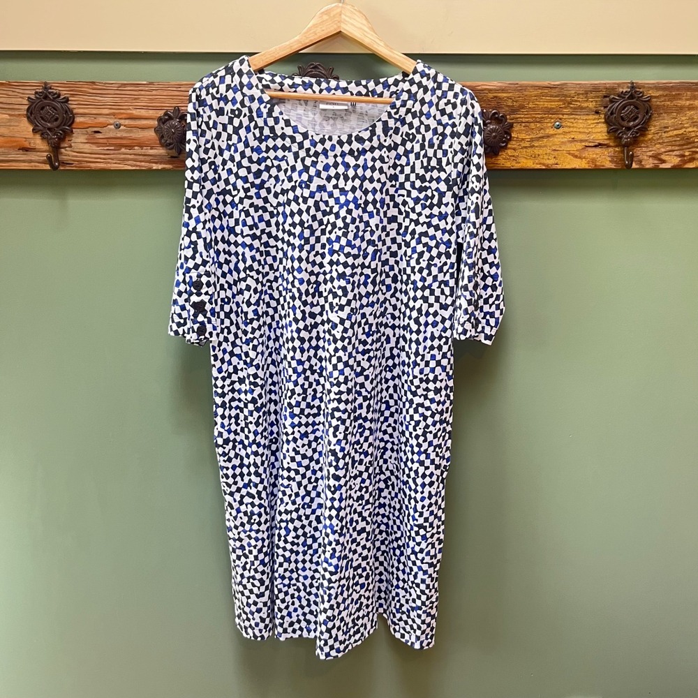FOIL Womens Blue Geometric Mosaic Cotton‎ Slub Knit Shift Dress with Pockets L